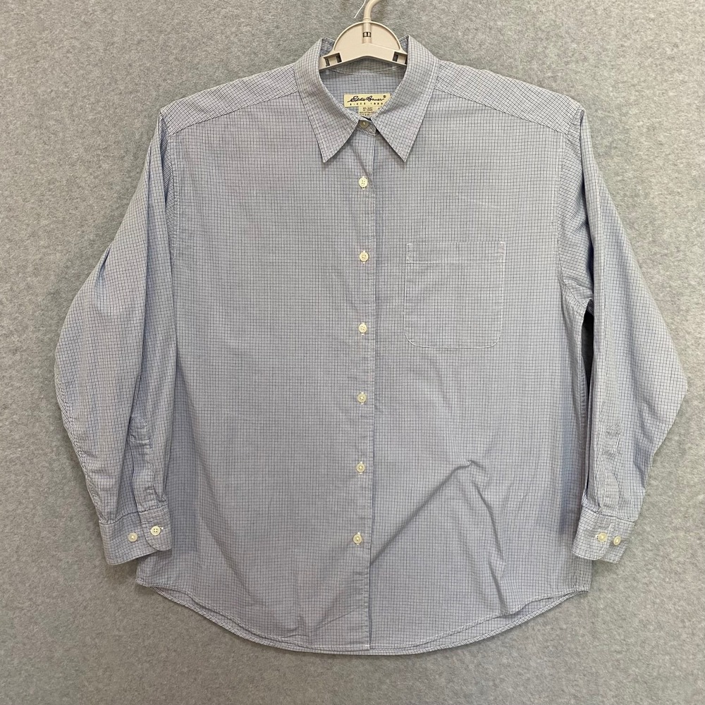 EDDIE BAUER Women's Large Blue White Check Plaid‎ 100% Cotton Button Up Shirt